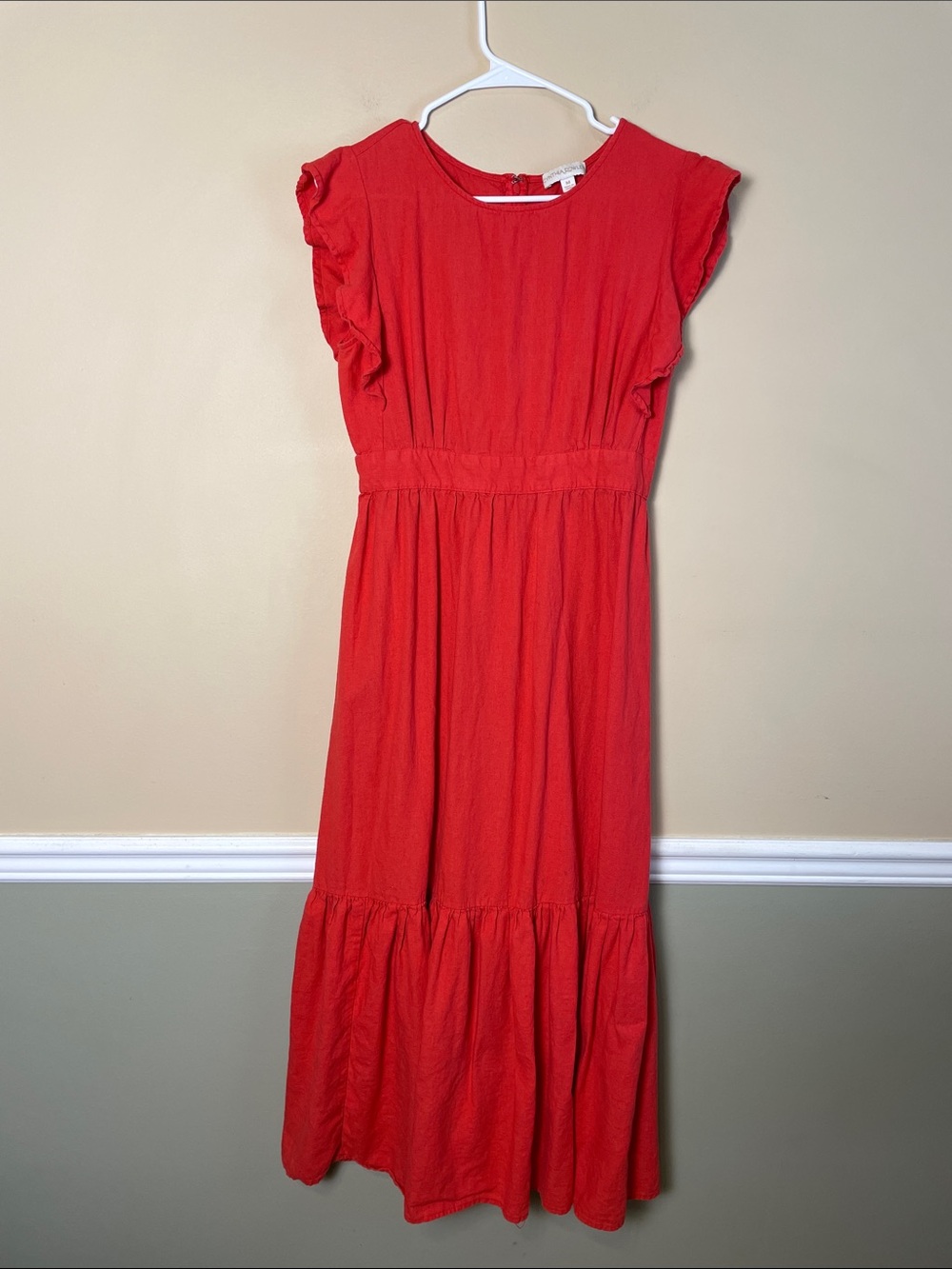 Cynthia Rowley Women’s Cottagecore Linen Blend Coral Red Tiered Maxi Dress